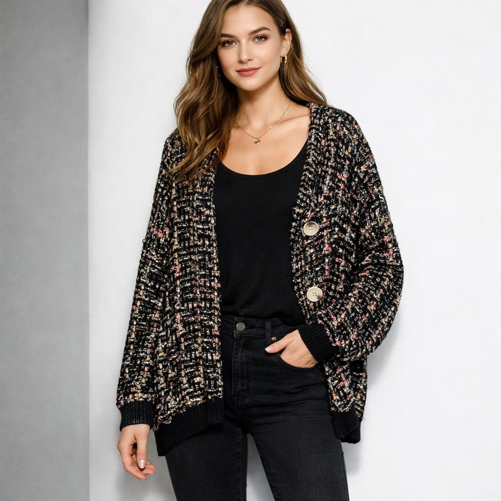 Favlux Women’s Medium Fuzzy Sparkle Knit Cardigan Oversized Button Front